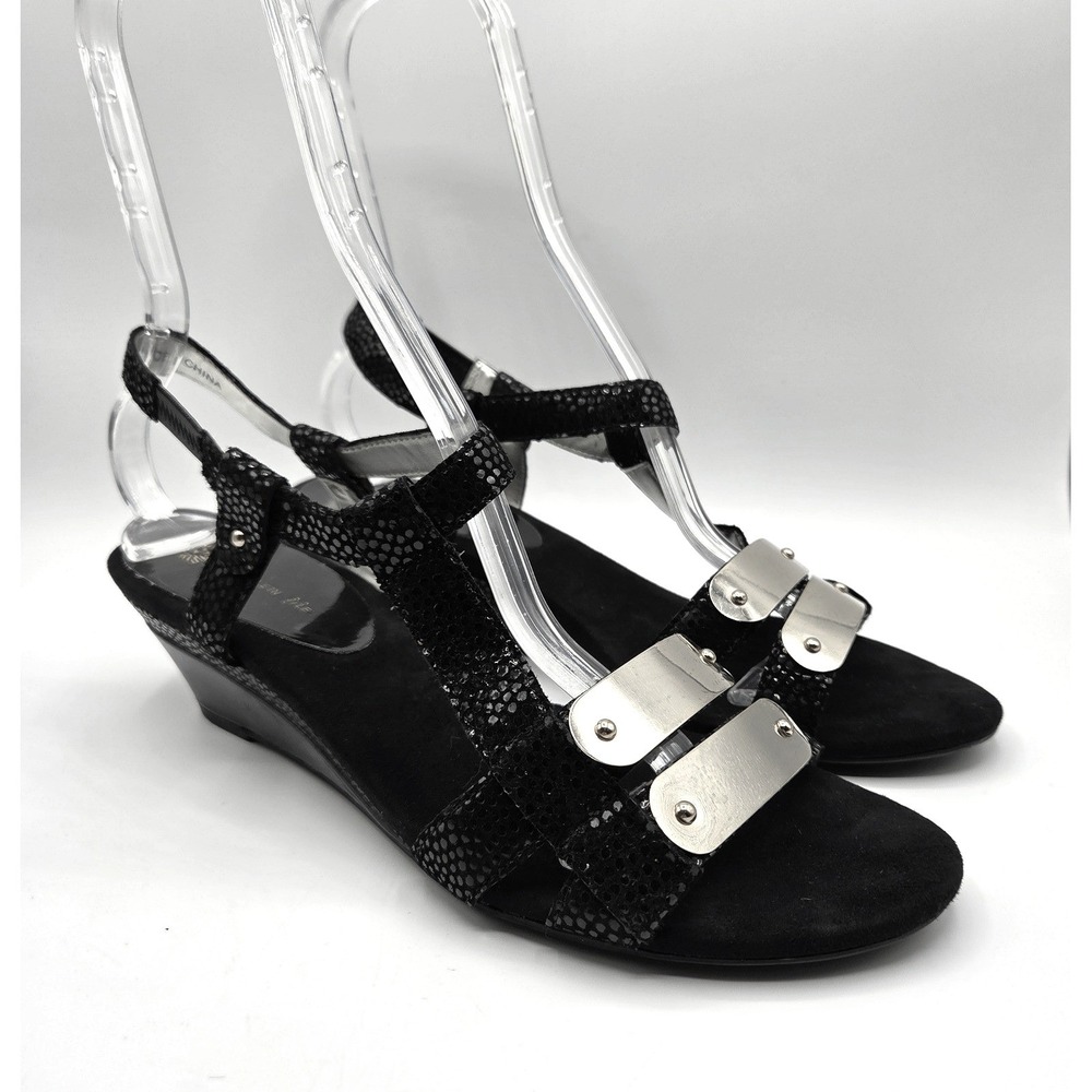 Anne Klein iFlex Aknarelle Black Textured‎ Leather Gold Plate Wedge Sandals 9M